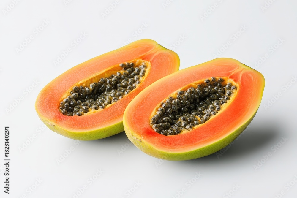 Two halves of a ripe papaya fruit resting against white backdrop Two halves of a ripe papaya fruit resting against white backdrop