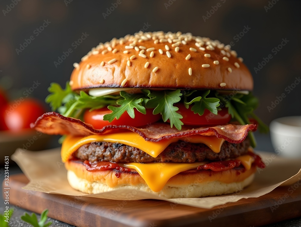 a cheese pizza burger filled with tomatoes bacon pepperoni salami and arugula displayed in a copy a cheese pizza burger filled with tomatoes bacon pepperoni salami and arugula displayed in a copy