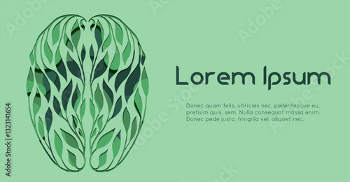 Horizontal banner with paper cut eco brain. Vector 3d layered card with healthy human brain from foliage top view. Postcard with internal organ from leaves for medical articles