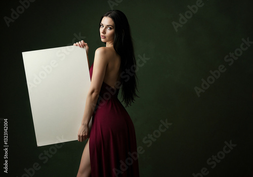 elegant woman holding blank sheet of paper, mockup for lettering or advertising . Generative AI