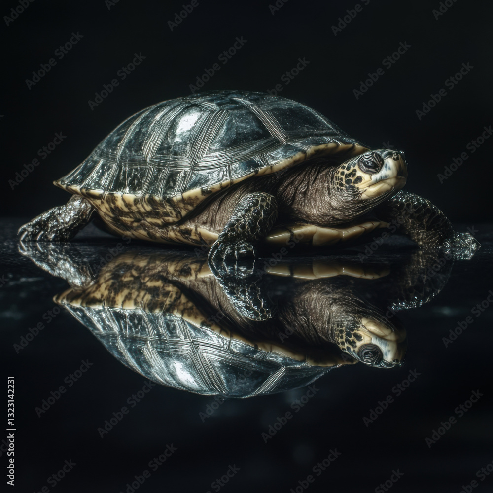 Fototapeta premium A conceptually striking, high-definition advertising image of a turtle with a polished automobile shell.