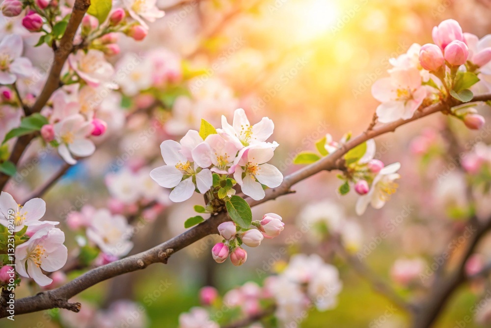 Spring flowers background in peach fuzz color. Blooming apple tree. Soft focus, springtime blossom freshness. Spring flowers background in peach fuzz color. Blooming apple tree. Soft focus, springtime blossom freshness.