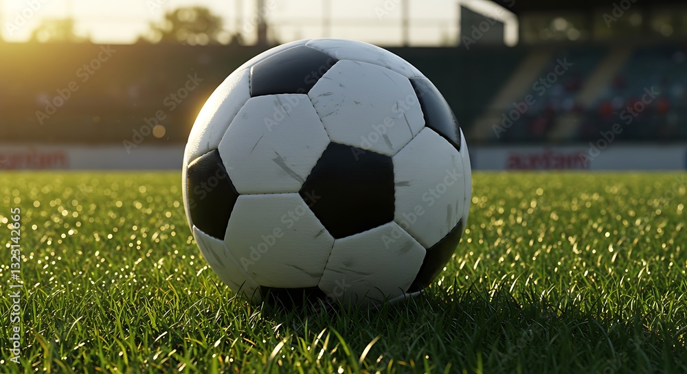 Fototapeta premium Soccer Ball on the Grass Field Illuminated by Sunlight Game Time