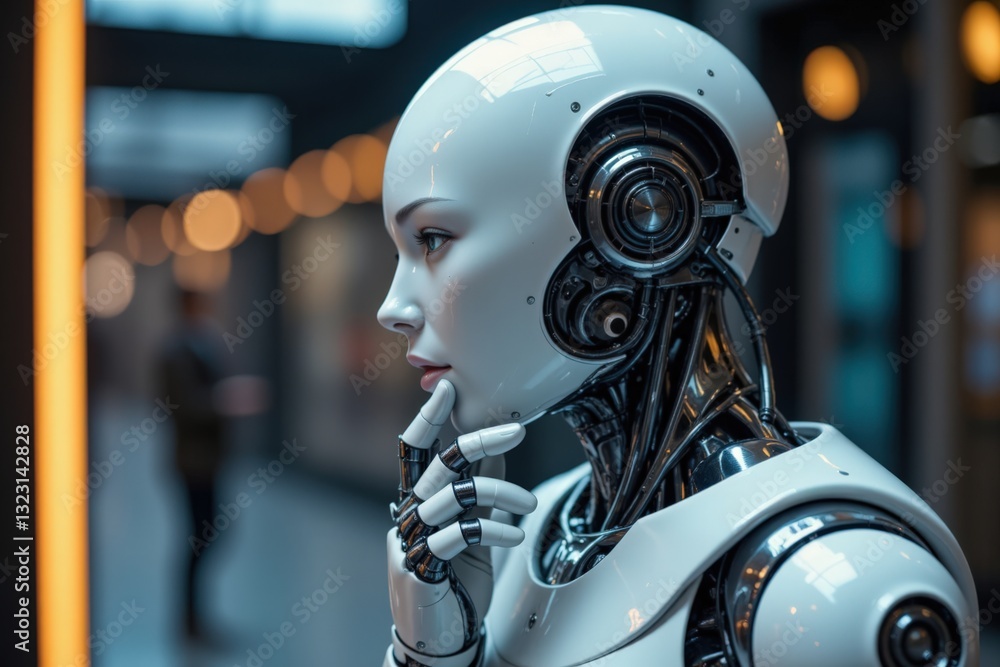 A Contemplative Female Robot Figure in a Modern, Semi-Industrial Space Reflecting on Technology and Artificial Intelligence Trends A Contemplative Female Robot Figure in a Modern, Semi-Industrial Space Reflecting on Technology and Artificial Intelligence Trends