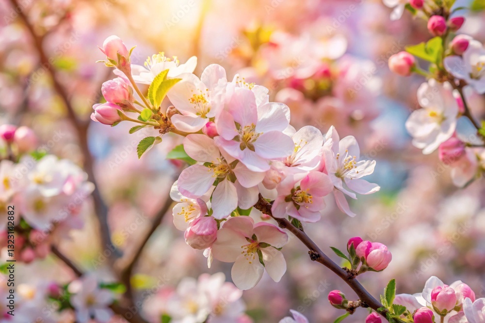 Spring flowers background in peach fuzz color. Blooming apple tree. Soft focus, springtime blossom freshness. Spring flowers background in peach fuzz color. Blooming apple tree. Soft focus, springtime blossom freshness.