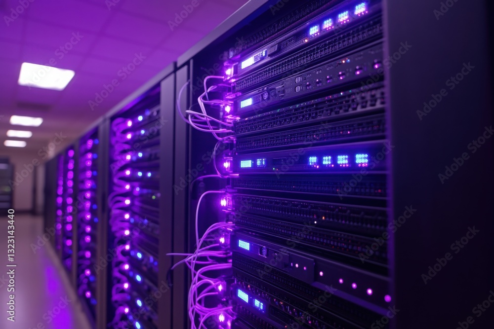 Rows of servers glow with purple lights in a data center highlighting connectivity and processing power Rows of servers glow with purple lights in a data center highlighting connectivity and processing power