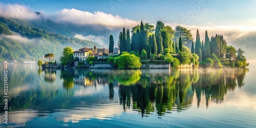 Serene lake waters reflected in misty morning light amidst lush greenery and cypress trees surrounding Isola San Giulio, lake, cypress tree