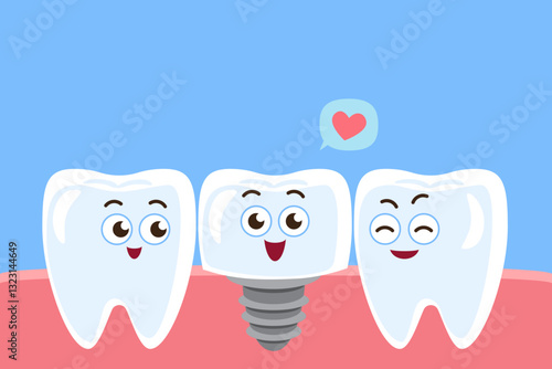 Dental implant . Prosthodontics . Teeth cartoon characters and copy space on upper site . Vector .