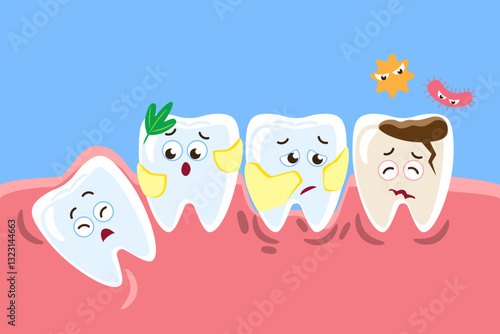 Periodontal disease . Dental caries, dental plaque, wisdom tooth and periodontitis . Cute cartoon characters . Vector .