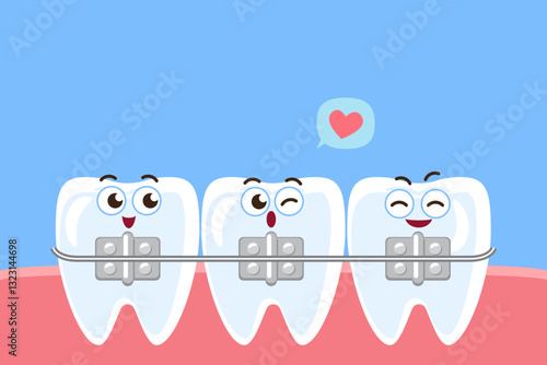 Orthodontics braces . Dental teeth cartoon characters and copy space on upper site. Vector .