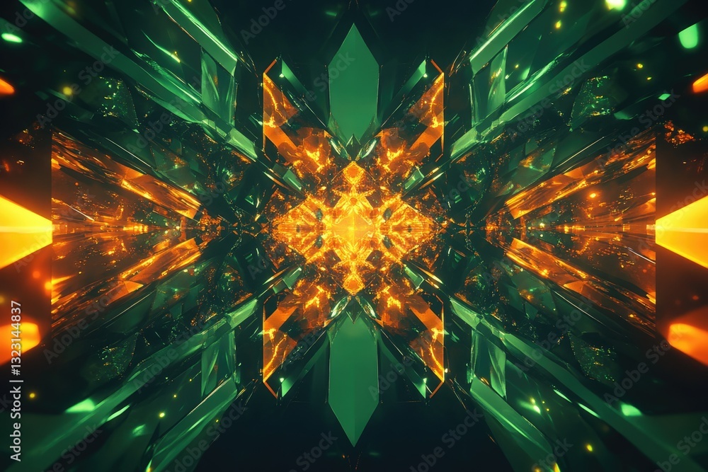 Abstract symmetrical artwork featuring glowing green and orange crystal structures forming a kaleidoscopic tunnel.