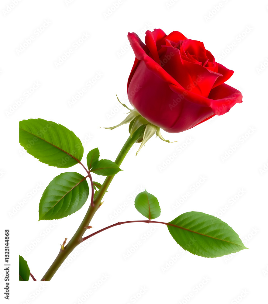 Fototapeta premium Red rose with green leaves isolated on transparent background