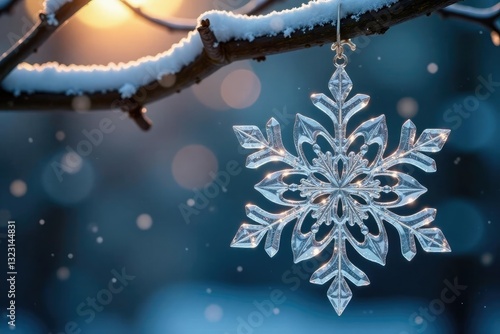 Ornate crystal glass snowflake hanging from a branch, glass, crystal