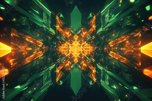 Obraz na płótnie Abstract symmetrical artwork featuring glowing green and orange crystal structures forming a kaleidoscopic tunnel. w salonie