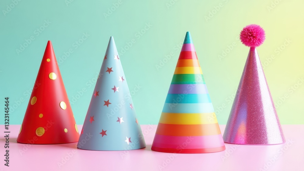 Colorful Party Hats Collection Red Blue Rainbow Pink Conical Caps Colorful Party Hats Collection Red Blue Rainbow Pink Conical Caps