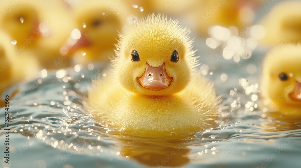 Adorable fluffy duckling swims in water, surrounded by others. Perfect for springtime, Easter, or childhood themes. Adorable fluffy duckling swims in water, surrounded by others. Perfect for springtime, Easter, or childhood themes.