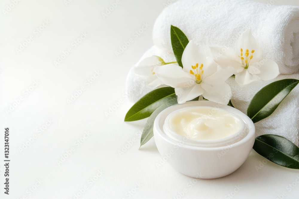 Professional body lotion with white towels and flowers on a clean background for care and hygiene Professional body lotion with white towels and flowers on a clean background for care and hygiene