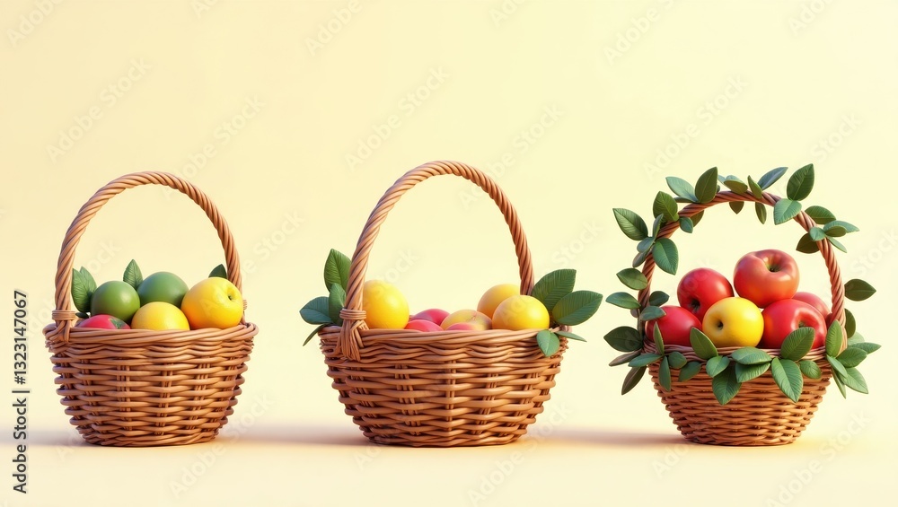 Three Wicker Baskets Filled with Fresh Apples Lemons and Limes on Yellow Background Three Wicker Baskets Filled with Fresh Apples Lemons and Limes on Yellow Background
