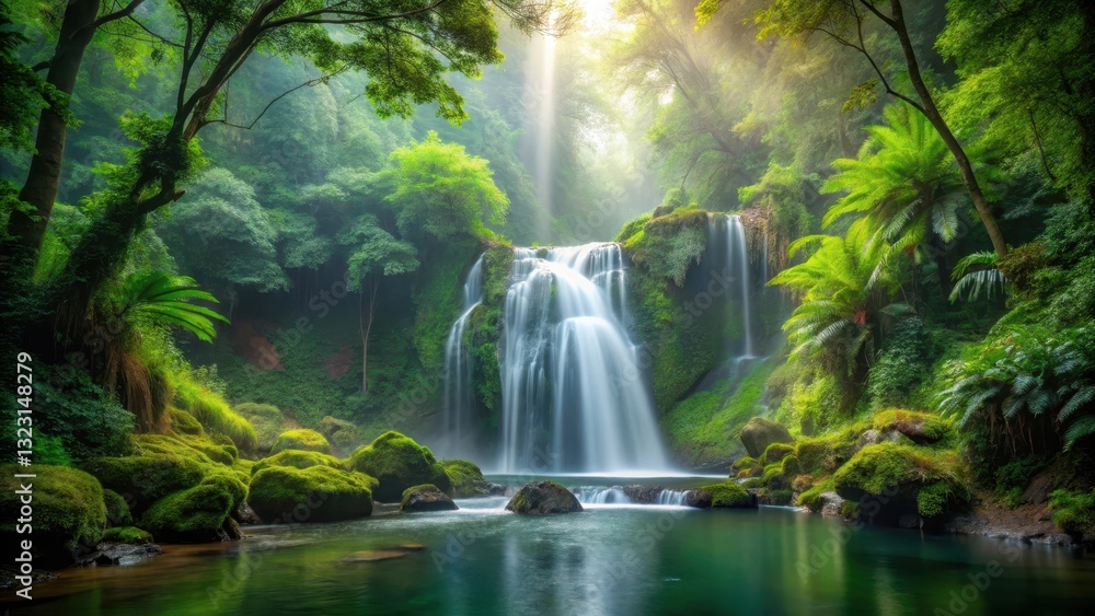 Obraz premium Waterfall in misty forest, peaceful scene, lush greenery, peaceful scene, lush greenery, bokeh background