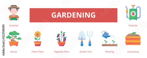 Gardening Lineal Color Banner Web Icon Set Vector Illustration, Gardener Bonsai Flower Plant Vegetable Plant Garden Tool Watering Composting Pesticide