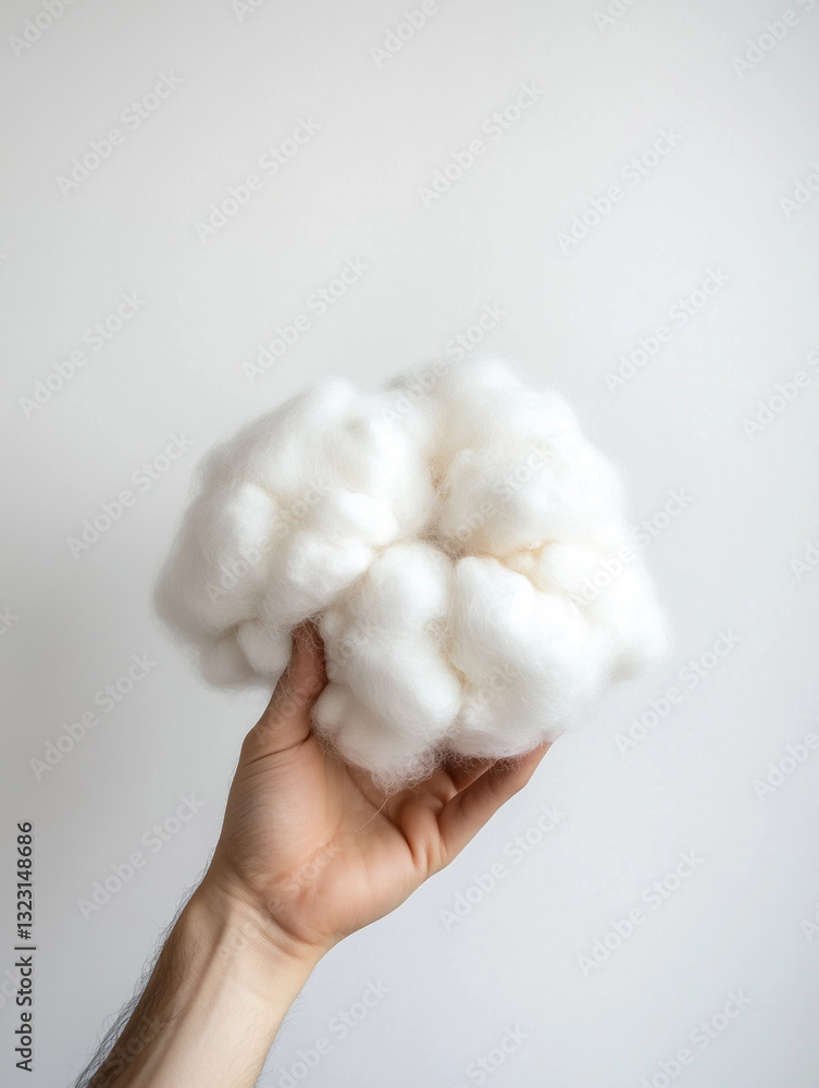 A hand holding a huge cotton ball, soft white background A hand holding a huge cotton ball, soft white background