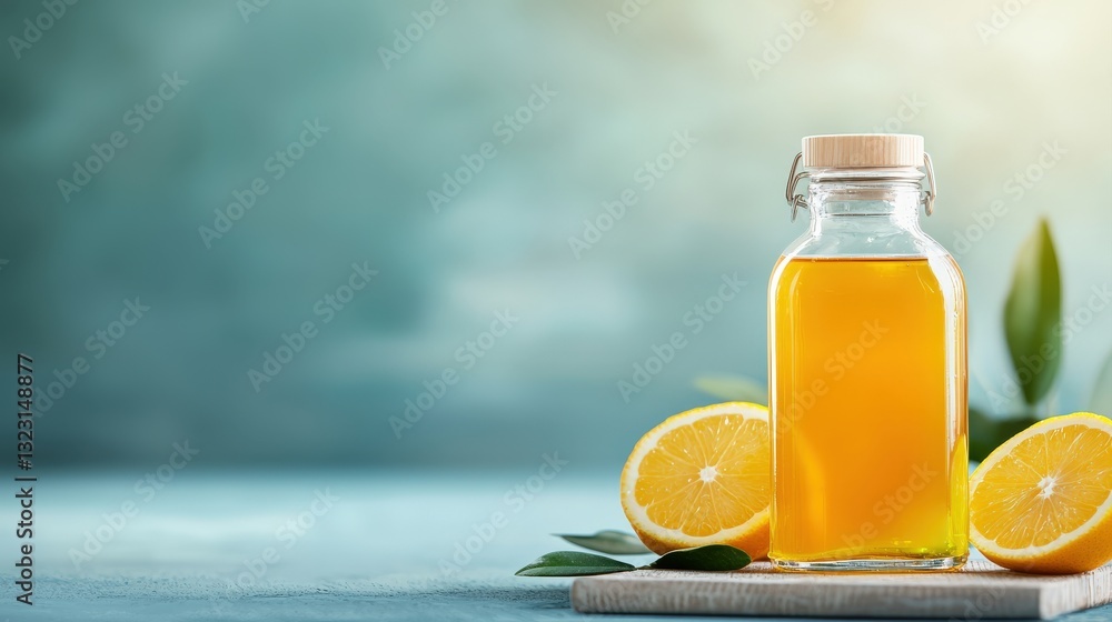 Obraz premium Bottle of lemon juice with fresh lemons and green leaves.