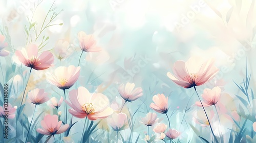Watercolor Meadow with Soft Pink and White Flowers
