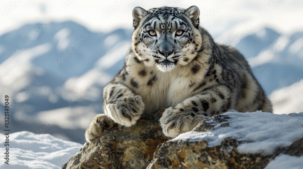 Fototapeta premium A snow leopard resting peacefully on a snow covered rock