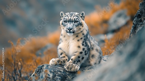 A majestic snow leopard is sitting on a rock calmly