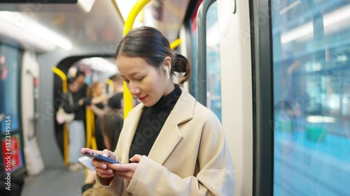 Asian businesswoman using mobile phone online working corporate business chatting with AI on train. Happy woman listening to music on earphones and using smartphone during travel in the city on tram.
