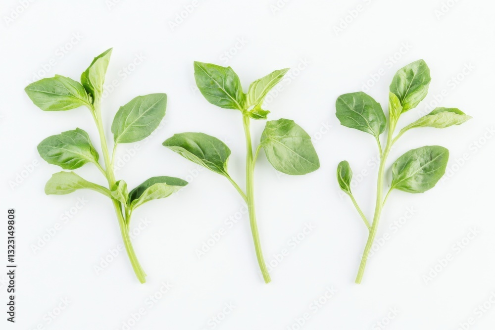 Fototapeta premium Fresh basil leaves arranged on a clean white background showcasing vibrant green colors and details
