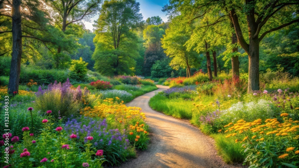 Naklejka premium A serene forest park surrounded by lush greenery and vibrant wildflowers, with a winding path leading through the dense foliage , nature scenery, landscape photography