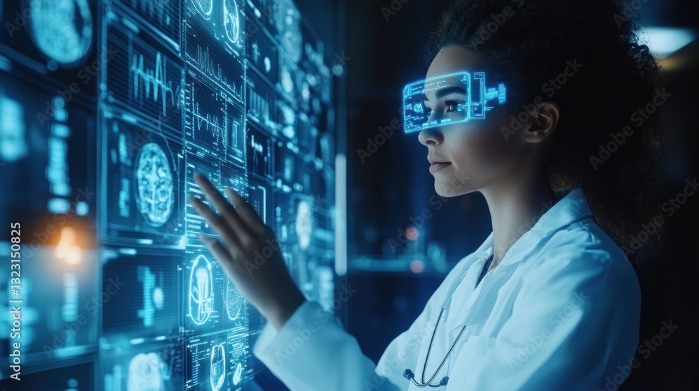 Futuristic healthcare: Doctor interacts with holographic medical data display Futuristic healthcare: Doctor interacts with holographic medical data display