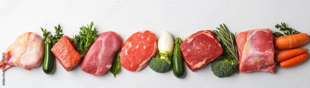 Aesthetic presentation of fresh raw meats and vegetables for dogs Aesthetic presentation of fresh raw meats and vegetables for dogs