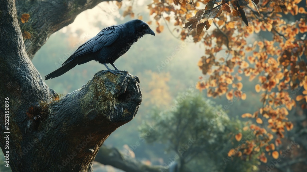 Fototapeta premium A black bird perches on a textured tree branch outside