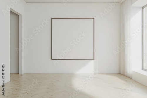 Spacious studio, white wall, minimalist design with large poster frame.