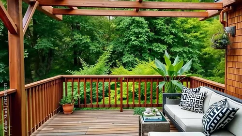 Serene Deck Patio Design with Wooden Pergola and Lush Greenery