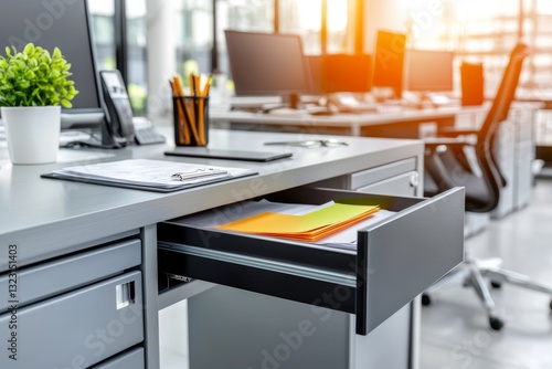 Modern office workspace with an open drawer filled with documents and stationery