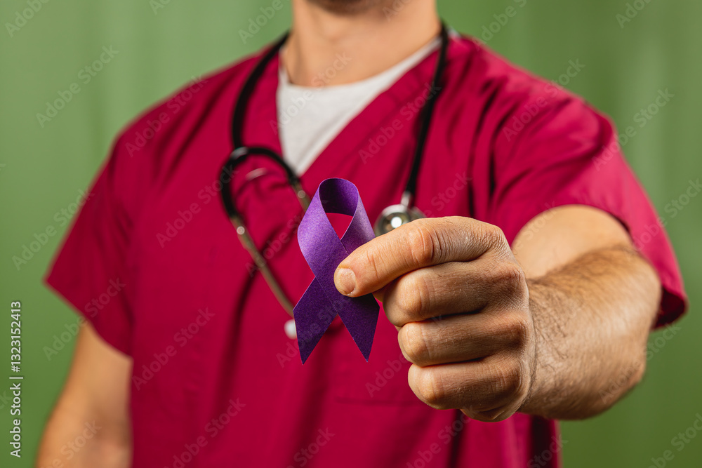 Health professional holding a purple awareness ribbon in a medical setting Health professional holding a purple awareness ribbon in a medical setting