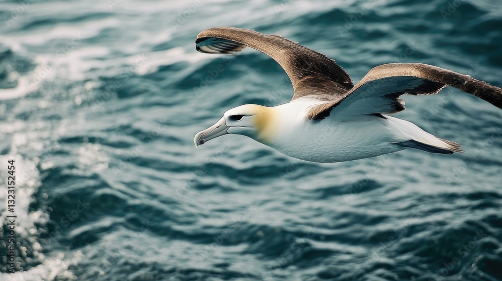 A large seabird with outstretched wings soars above ocean waves A large seabird with outstretched wings soars above ocean waves