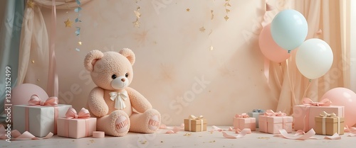Adorable Teddy Bear Birthday Party Setup with Gifts and Balloons