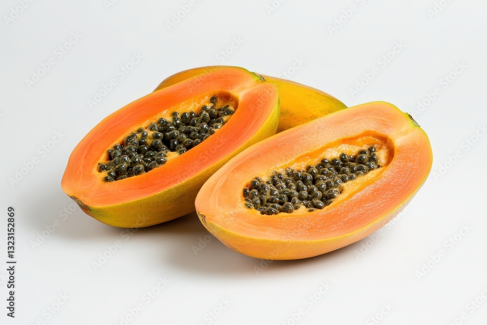 Ripe halved papayas with seeds arranged on a white surface Ripe halved papayas with seeds arranged on a white surface