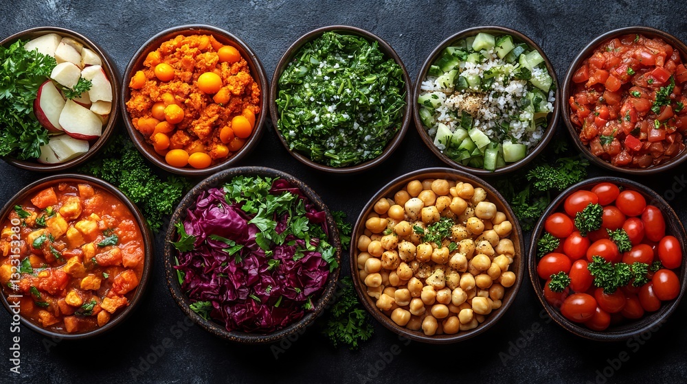 Overhead view of assorted healthy food dishes artfully arranged on a stylish table with ample free space for text, showcasing vibrant colors, fresh ingredients, and creative culinary presentation