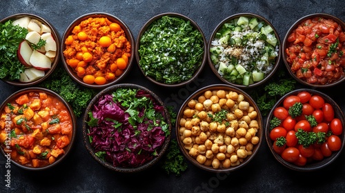 Obraz na płótnie Overhead view of assorted healthy food dishes artfully arranged on a stylish table with ample free space for text, showcasing vibrant colors, fresh ingredients, and creative culinary presentation w salonie