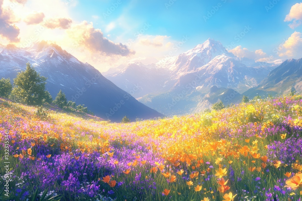 Obraz premium Vibrant wildflowers bloom in a picturesque alpine meadow, bathed in the golden sunlight of a majestic mountain range.