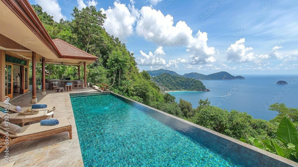 Fototapeta premium A luxury infinity pool overlooking the vast morning sea, peaceful atmosphere as the sun rises. --chaos 20 --ar 16:9 --quality 2 --v 6.1 Job ID: 6b310e3d-a28a-4300-b6c8-fd2af4ad234d