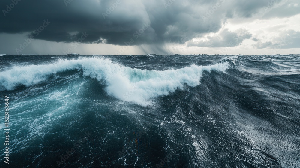 Dramatic Stormy Ocean Waves Under Dark Clouds with Blue Tones and Turbulent Water Movement Dramatic Stormy Ocean Waves Under Dark Clouds with Blue Tones and Turbulent Water Movement