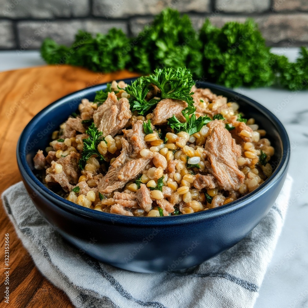 Gourmet slow-cooked dog meal with rabbit, barley, and fresh parsley Gourmet slow-cooked dog meal with rabbit, barley, and fresh parsley
