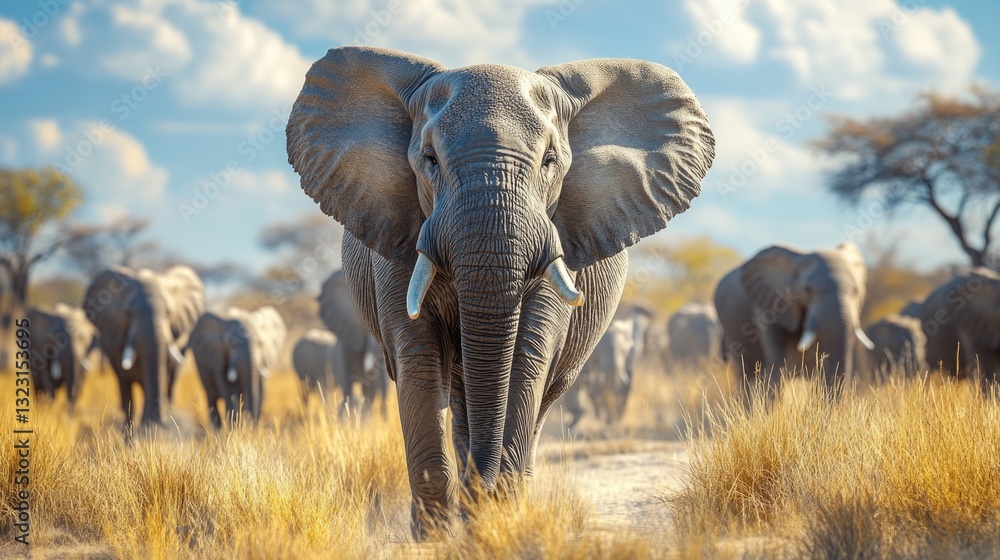 Fototapeta premium An adult elephant walking towards the viewer in a grassland