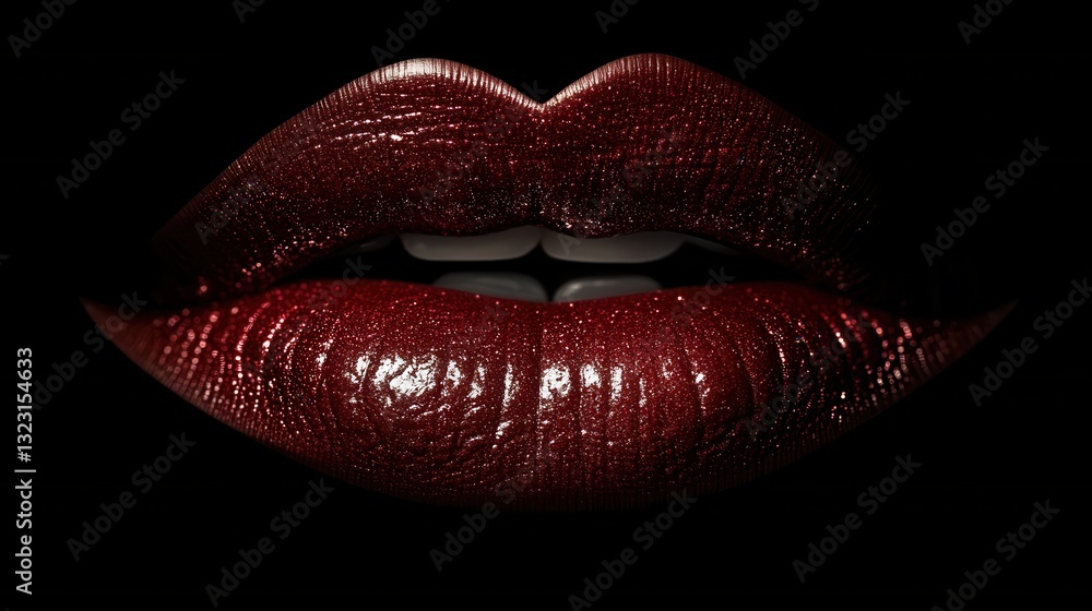 Obraz premium Close-Up of Glossy Red Lips on Black Background, Perfect for Beauty and Fashion Themes